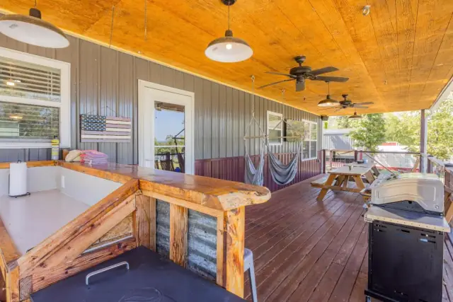 Back porch with outdoor bar, grill, and hammock chair